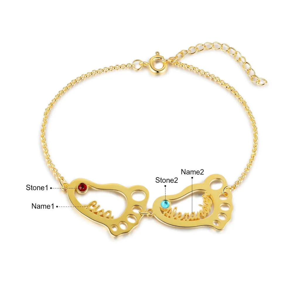 Personalized Baby Feet 2 Names 2 Stones Bracelet