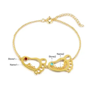 Personalized Baby Feet 2 Names 2 Stones Bracelet