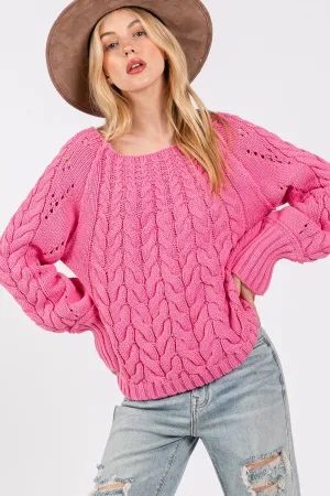 Pink Cable-Knit Long Sleeve Sweater