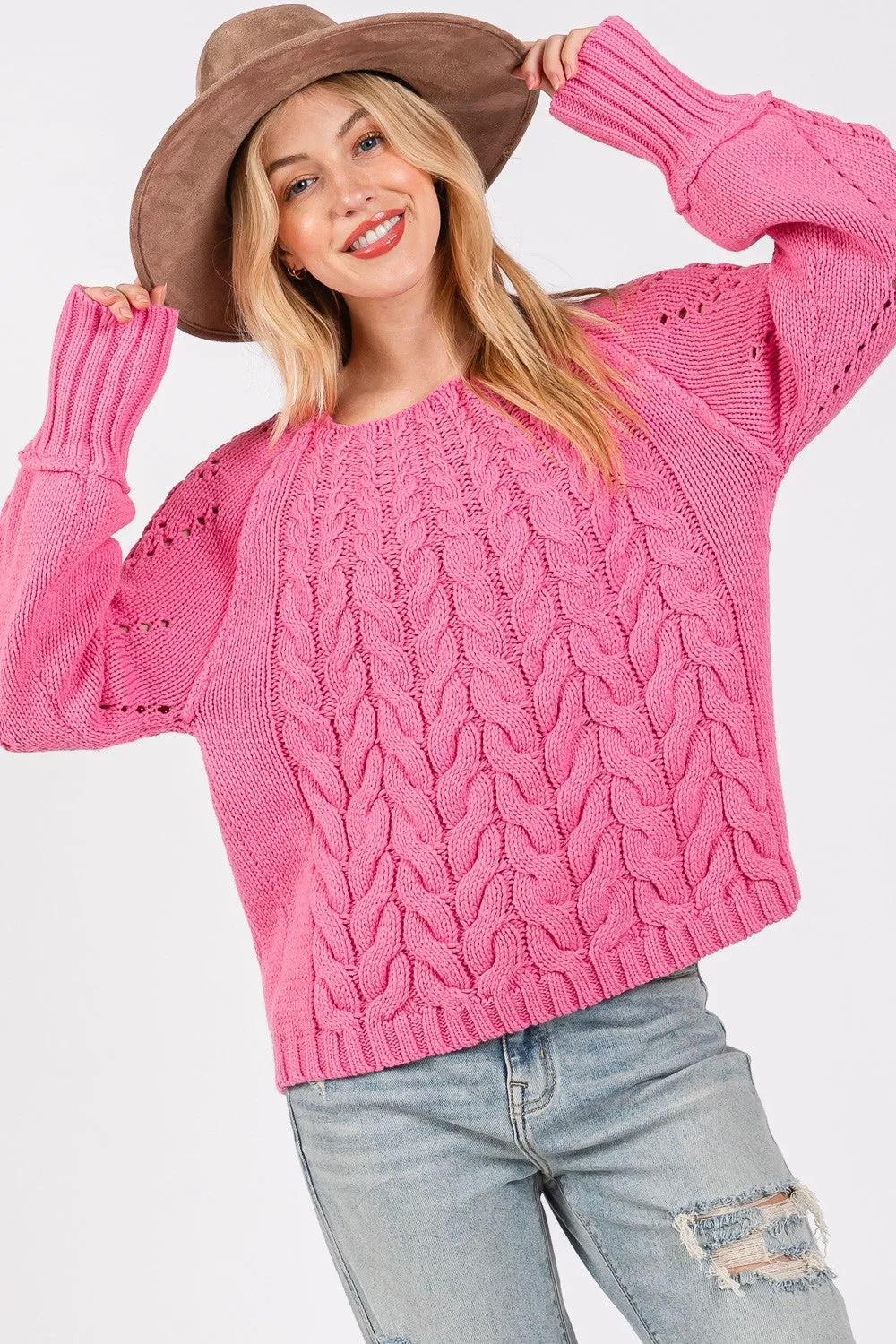 Pink Cable-Knit Long Sleeve Sweater