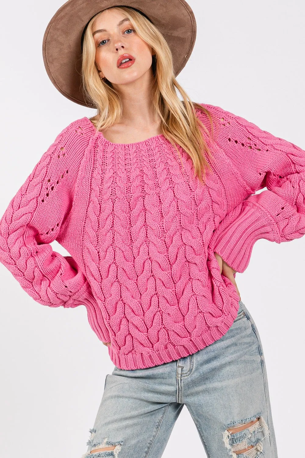 Pink Cable-Knit Long Sleeve Sweater