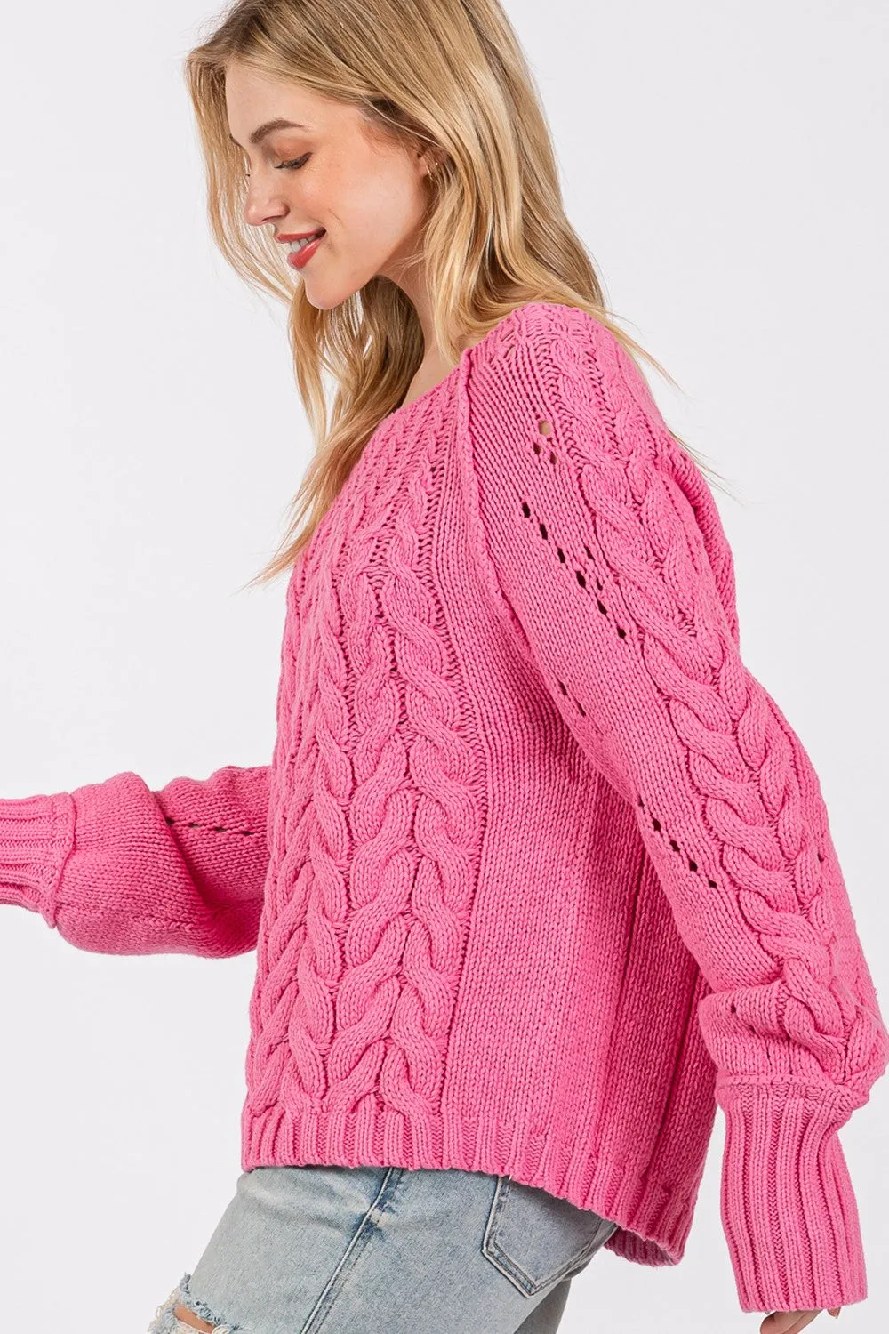 Pink Cable-Knit Long Sleeve Sweater