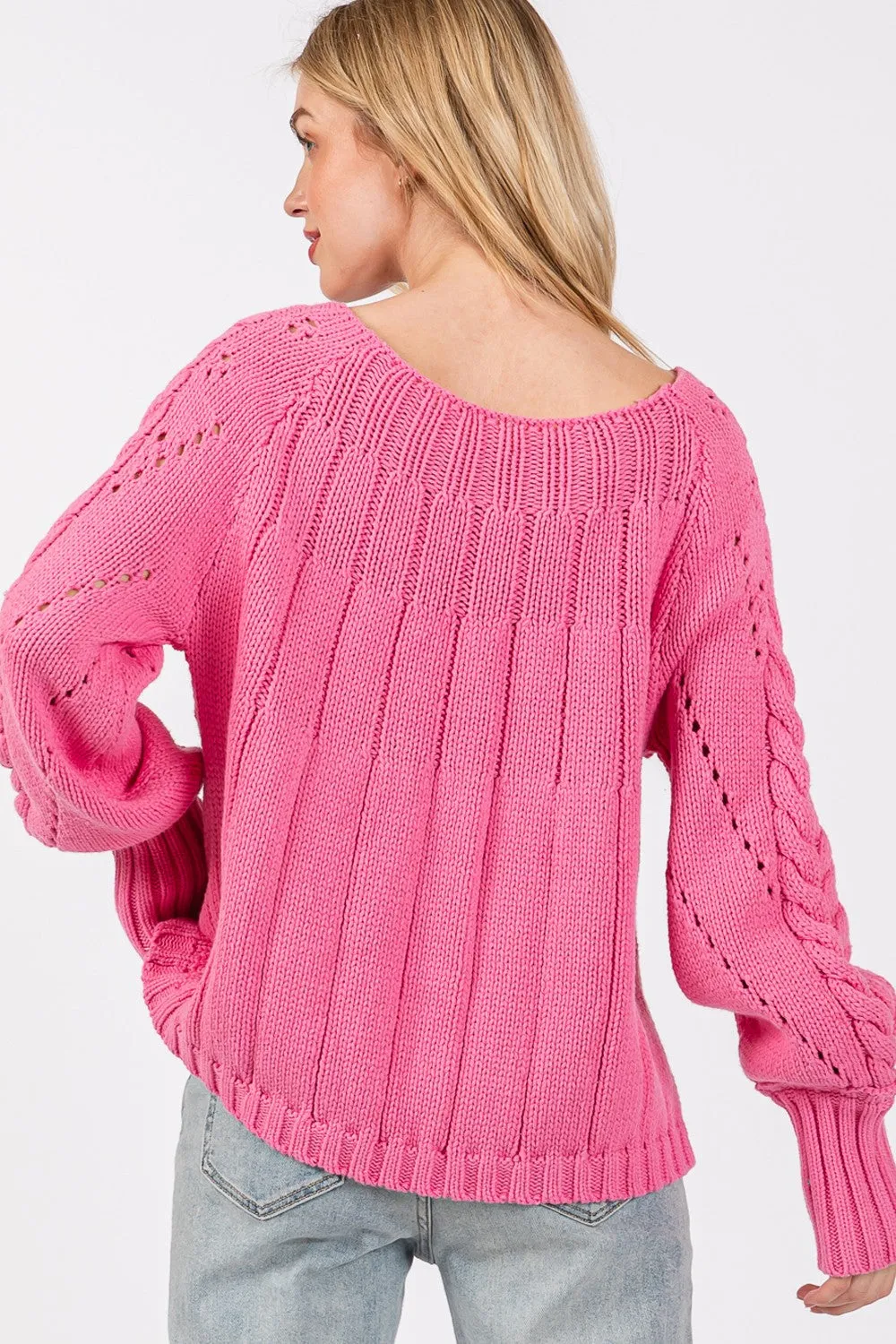 Pink Cable-Knit Long Sleeve Sweater