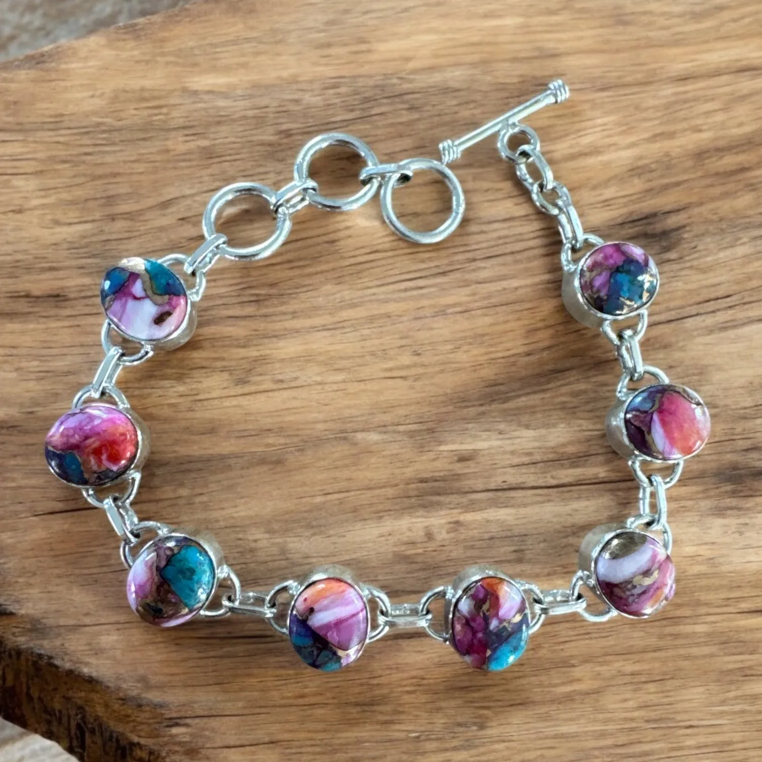 Pink Dahlia Turquoise Solid 925 Sterling Silver Bracelet