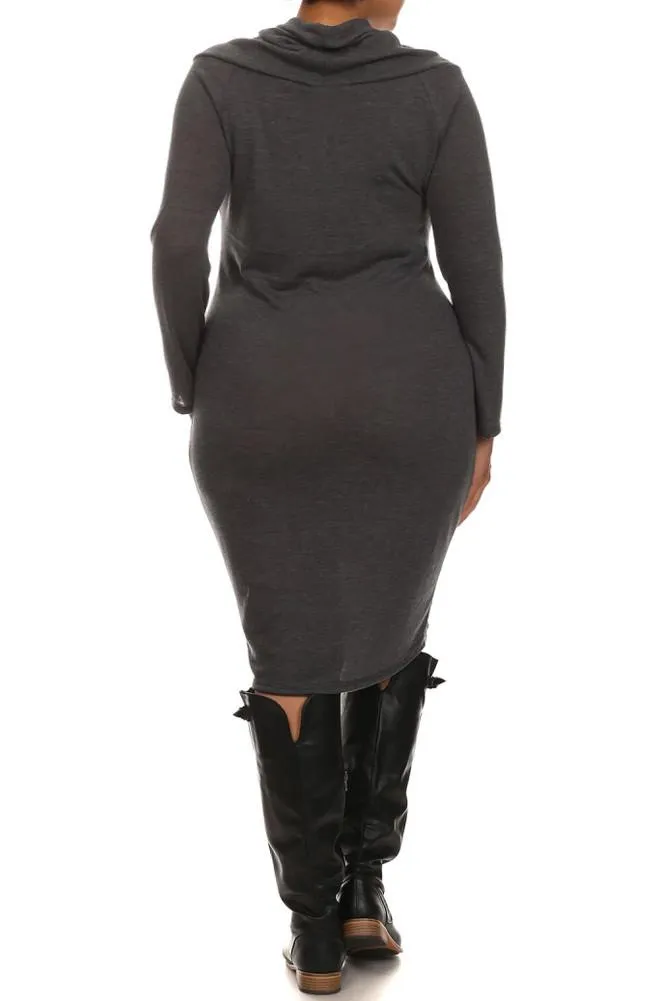 Plus Size Cowl Neck Long Sleeve Fitted Sweater Dress