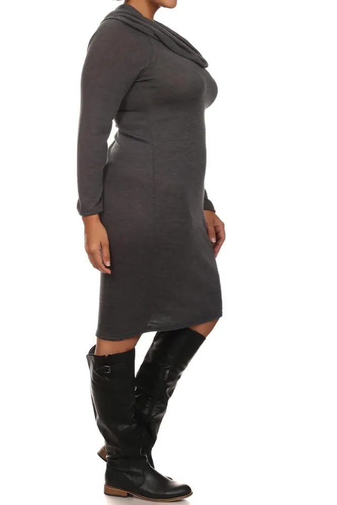 Plus Size Cowl Neck Long Sleeve Fitted Sweater Dress