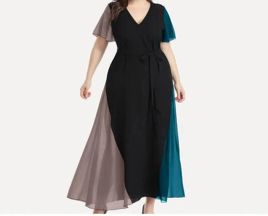 Plus Size V Neck Flared Short Sleeves Multi Tone Maxi Dress
