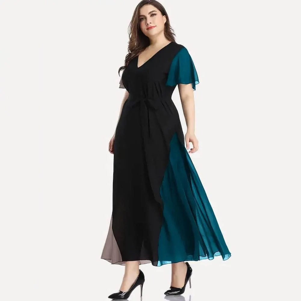 Plus Size V Neck Flared Short Sleeves Multi Tone Maxi Dress
