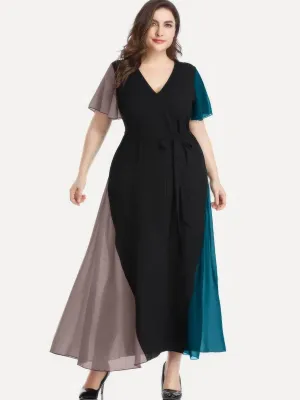 Plus Size V Neck Flared Short Sleeves Multi Tone Maxi Dress