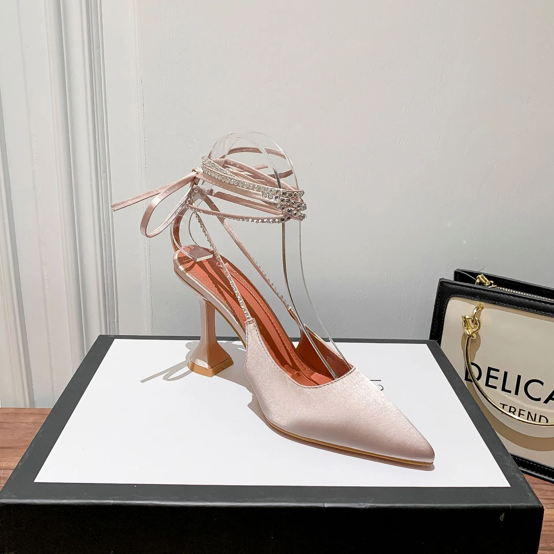 Pointed Ankle Strap Satin Sandals