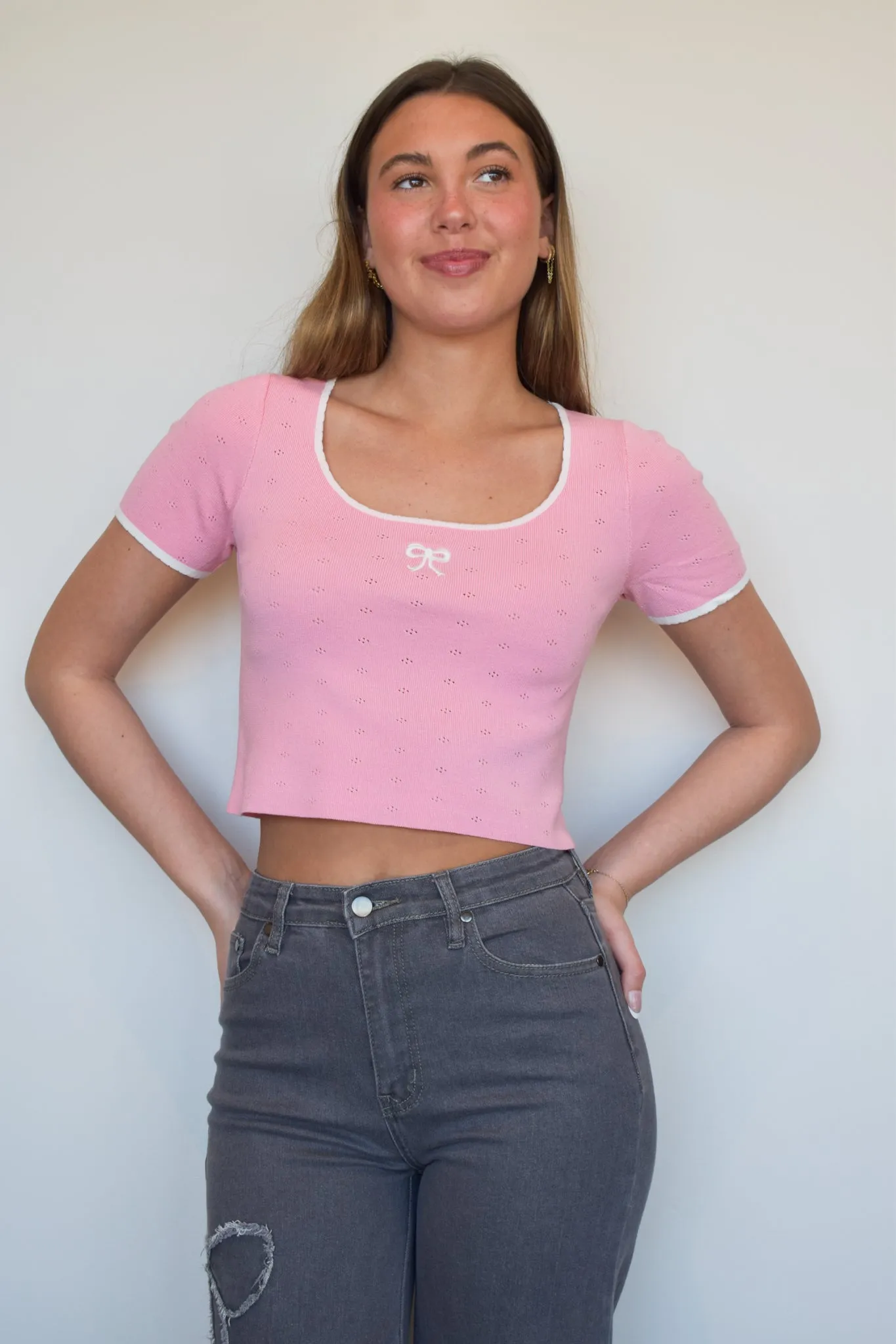Pointelle Knit Cropped Tee