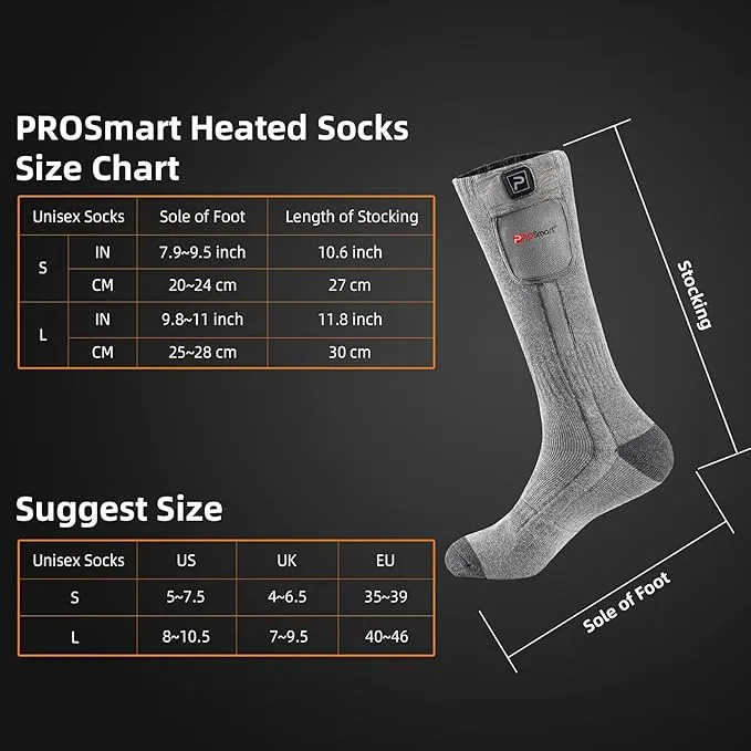 PROSmart Heated Socks Rechargeable Electric Sock - Battery Operated Thermal Warming Socks for Men & Women Suitable for Outdoor Hunting Cold Winter Skiing Camping
