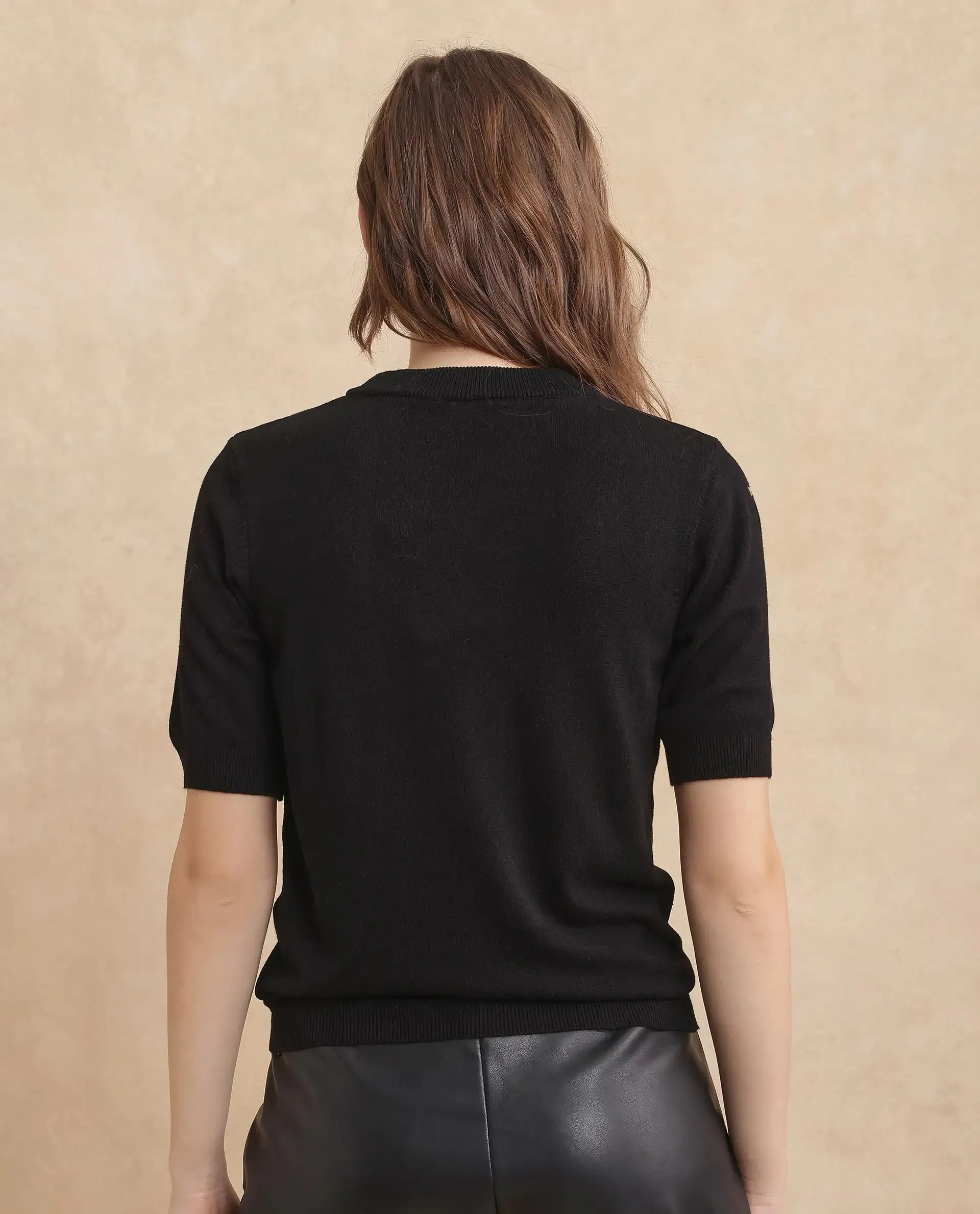 Rareism Women Rohrdo Black Full Sleeve Crew Neck Plain Sweater