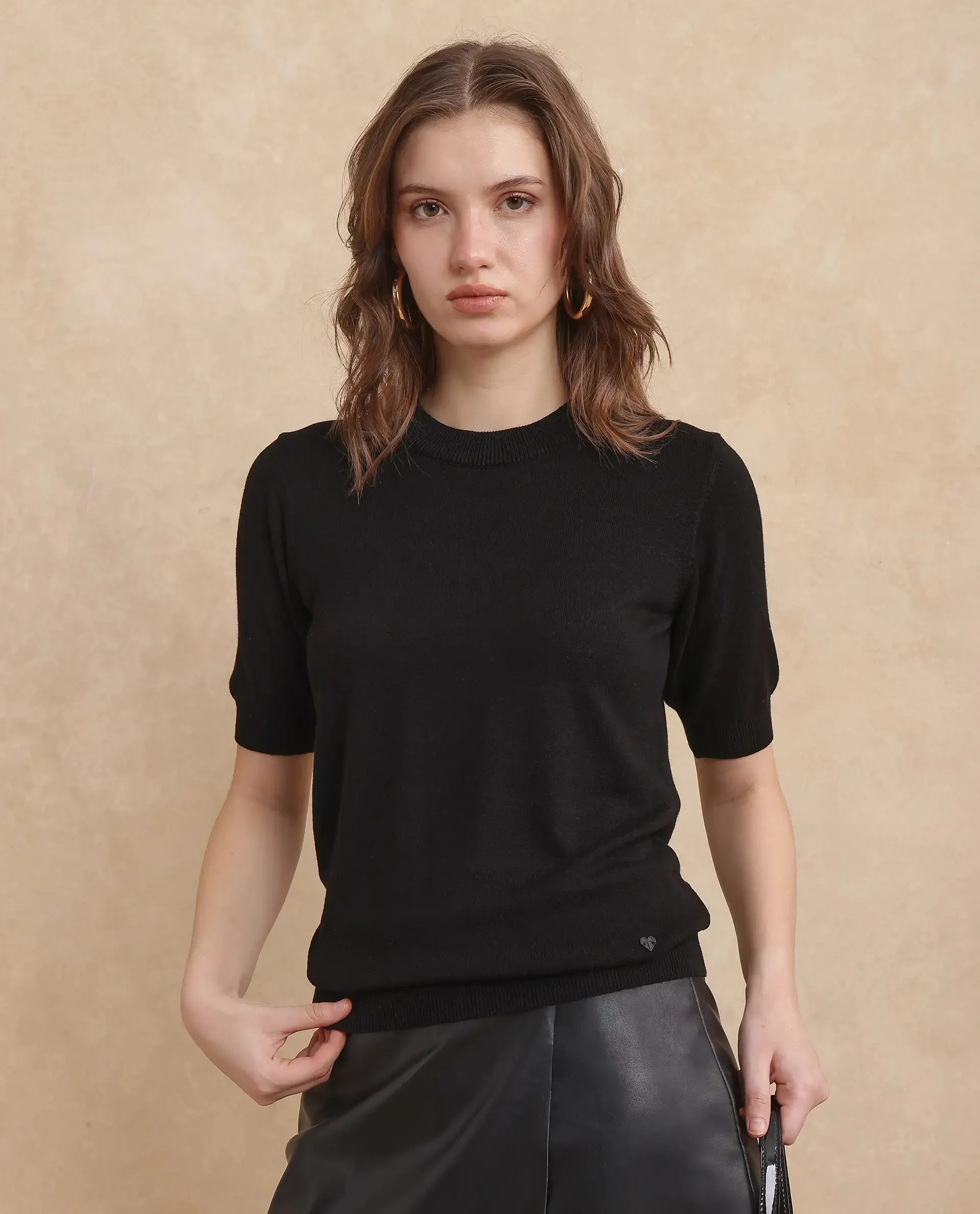 Rareism Women Rohrdo Black Full Sleeve Crew Neck Plain Sweater