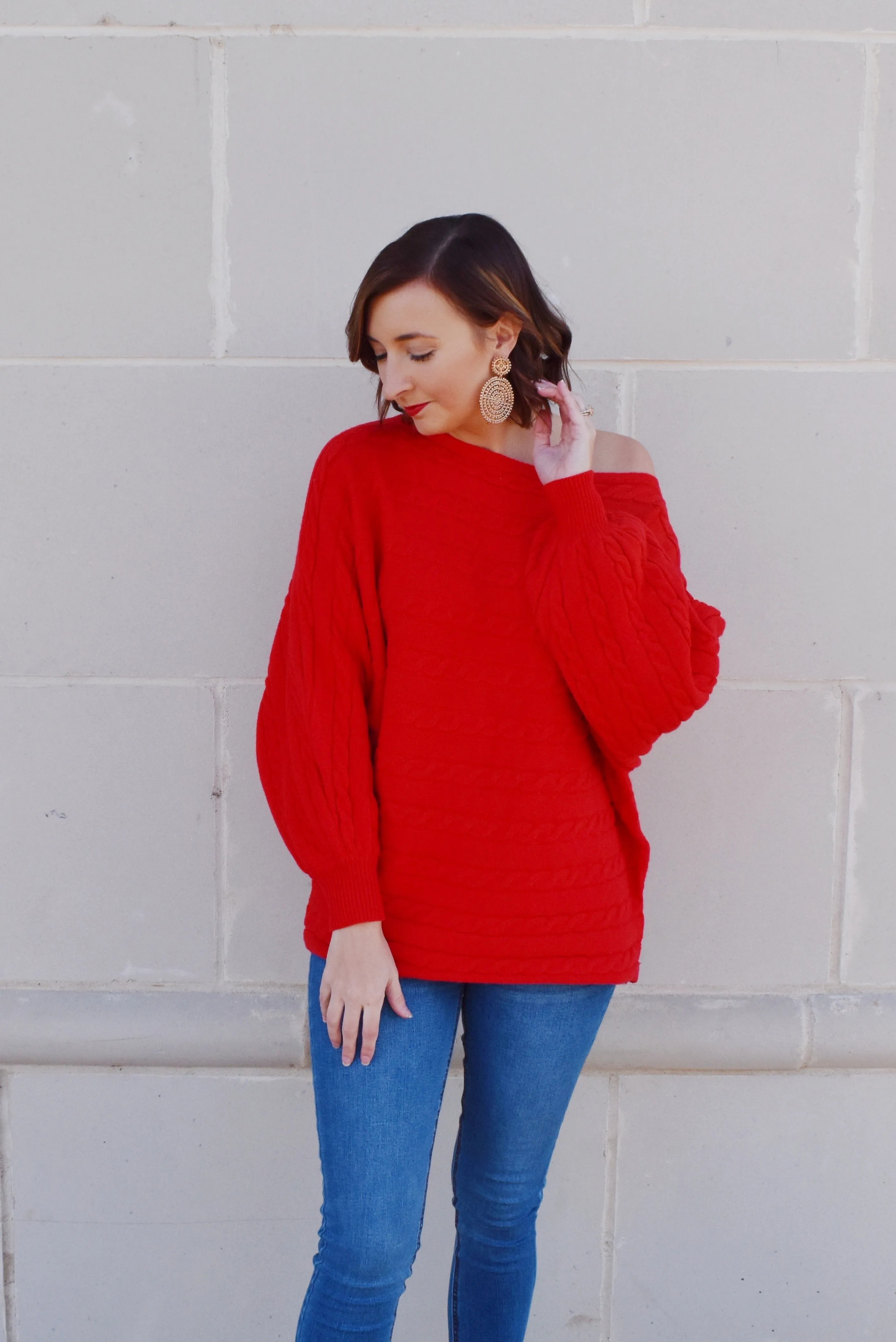 Red Cable Knit Detail Dolman Sweater