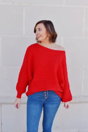 Red Cable Knit Detail Dolman Sweater