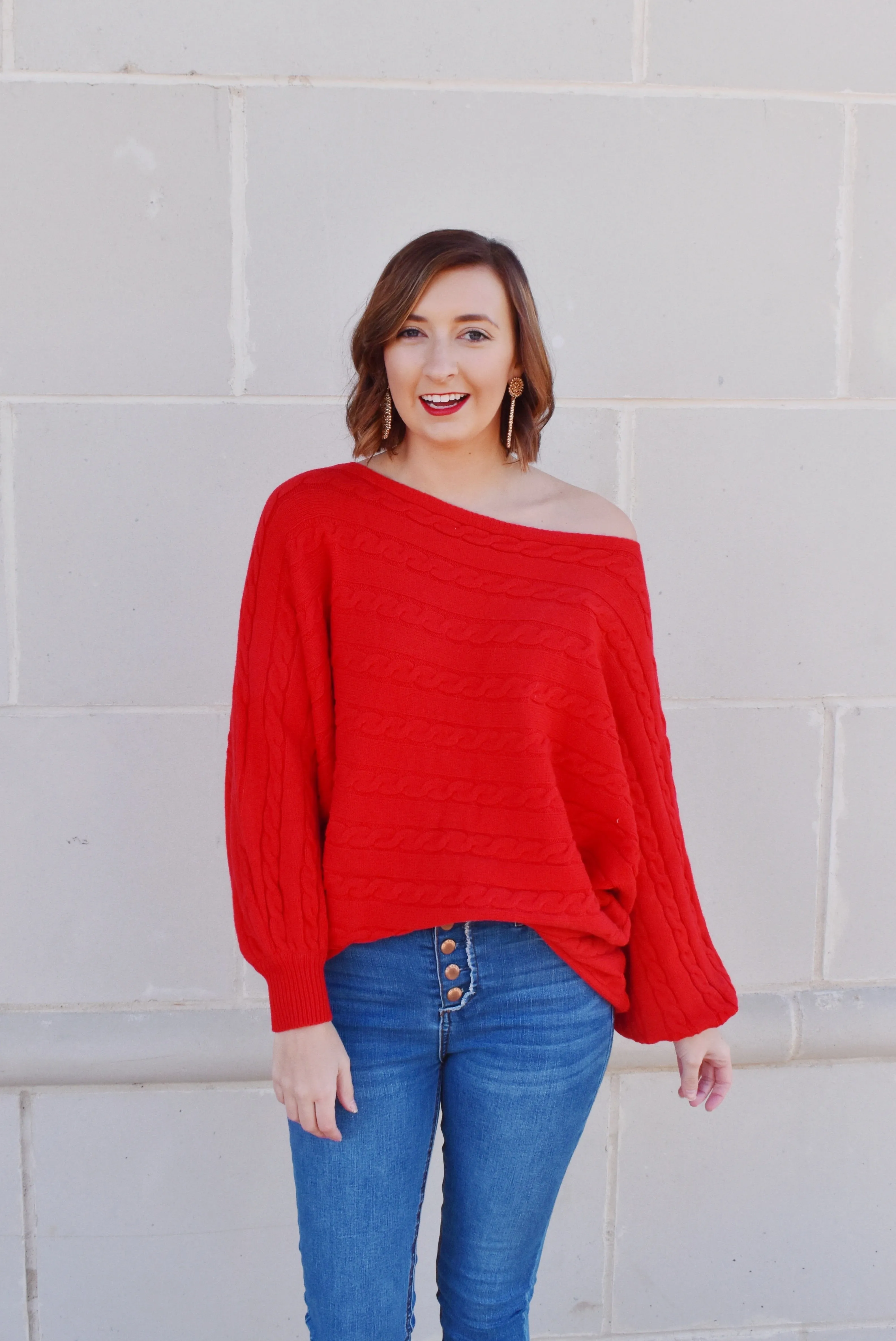 Red Cable Knit Detail Dolman Sweater