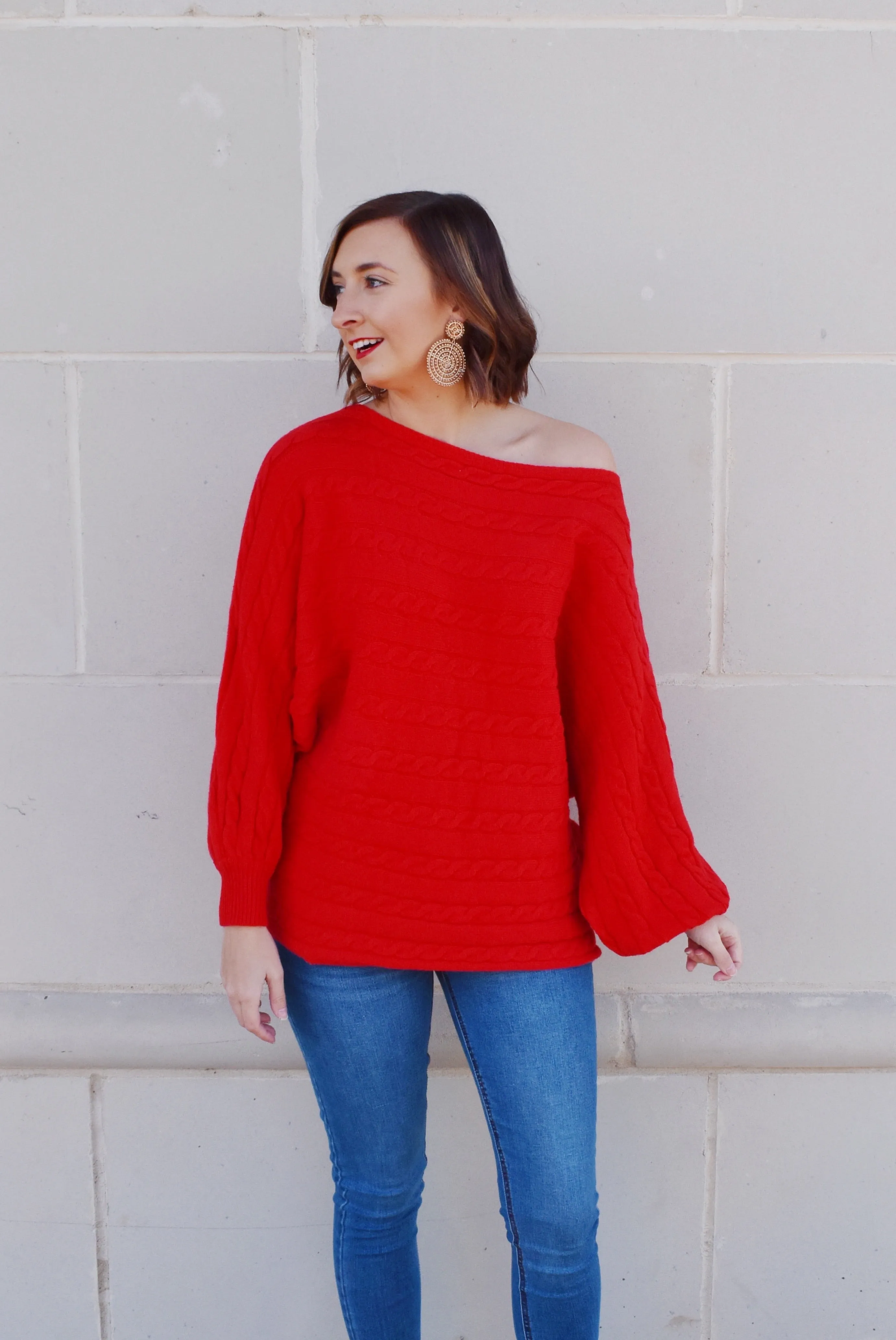 Red Cable Knit Detail Dolman Sweater