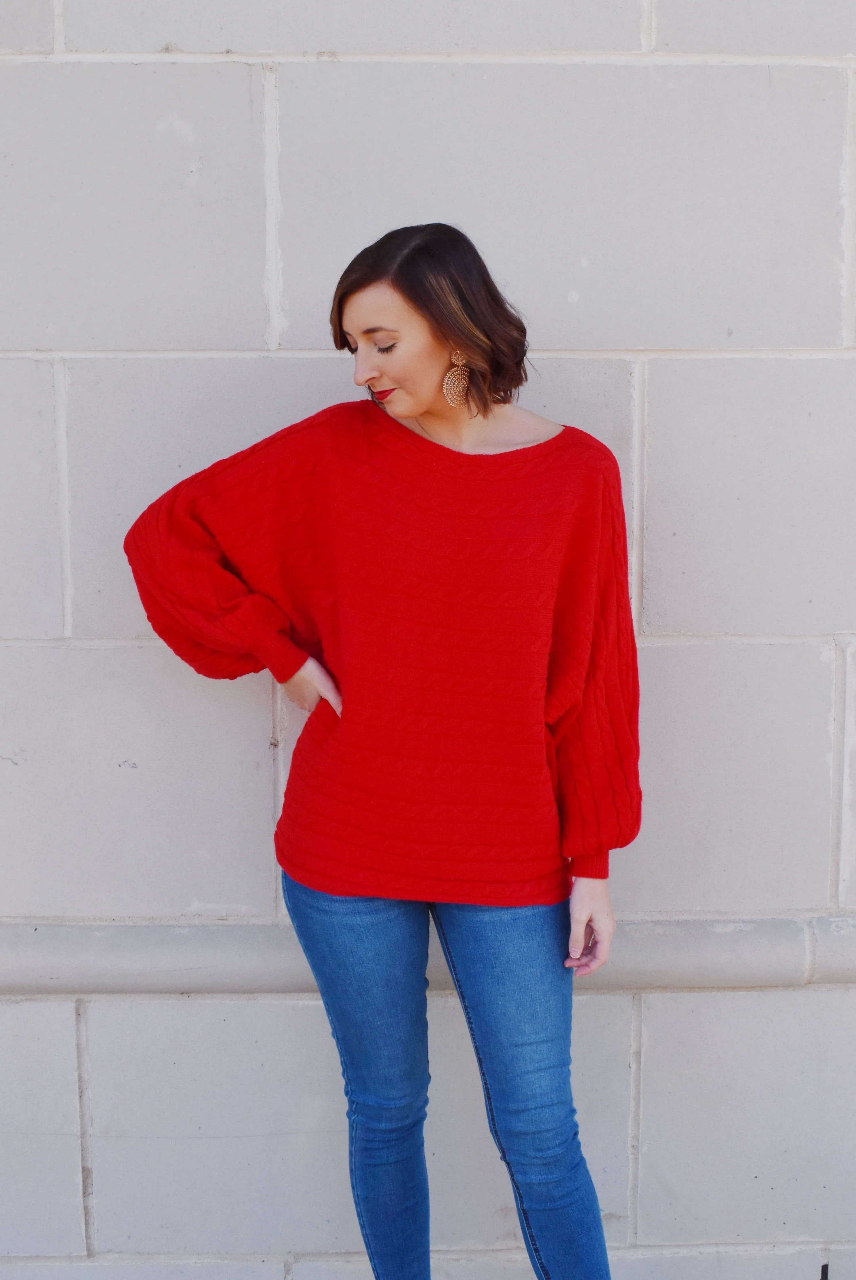 Red Cable Knit Detail Dolman Sweater