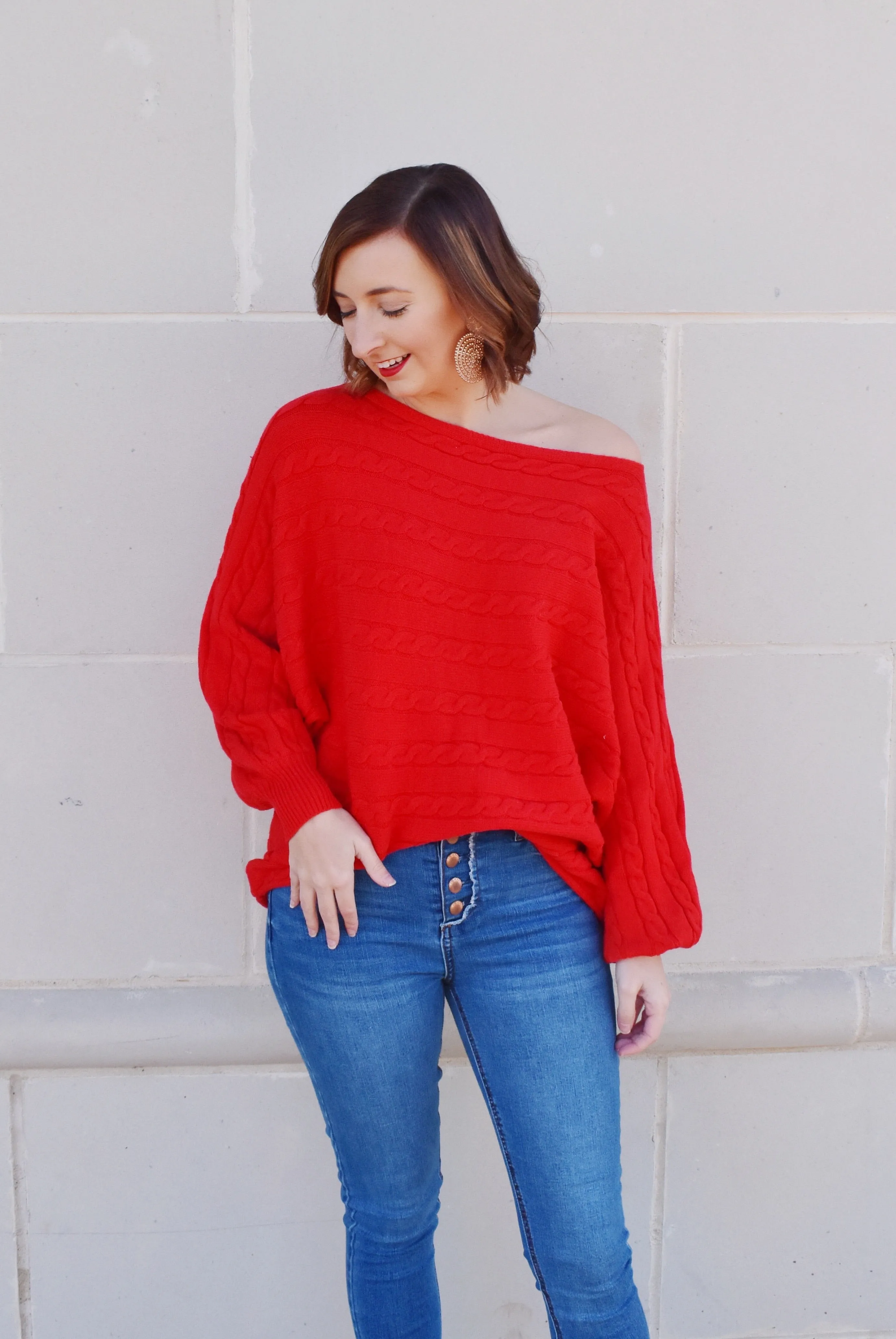 Red Cable Knit Detail Dolman Sweater