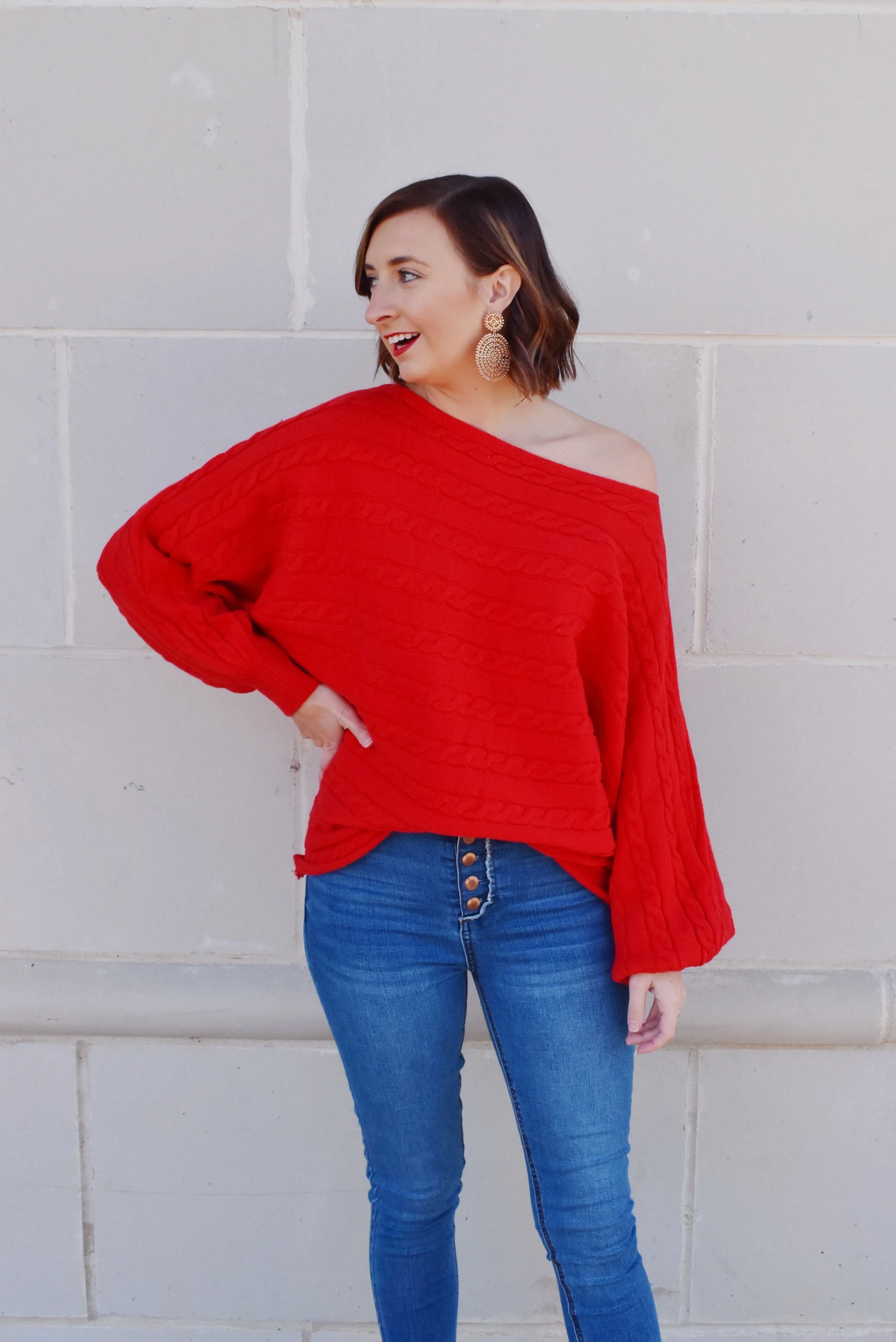 Red Cable Knit Detail Dolman Sweater