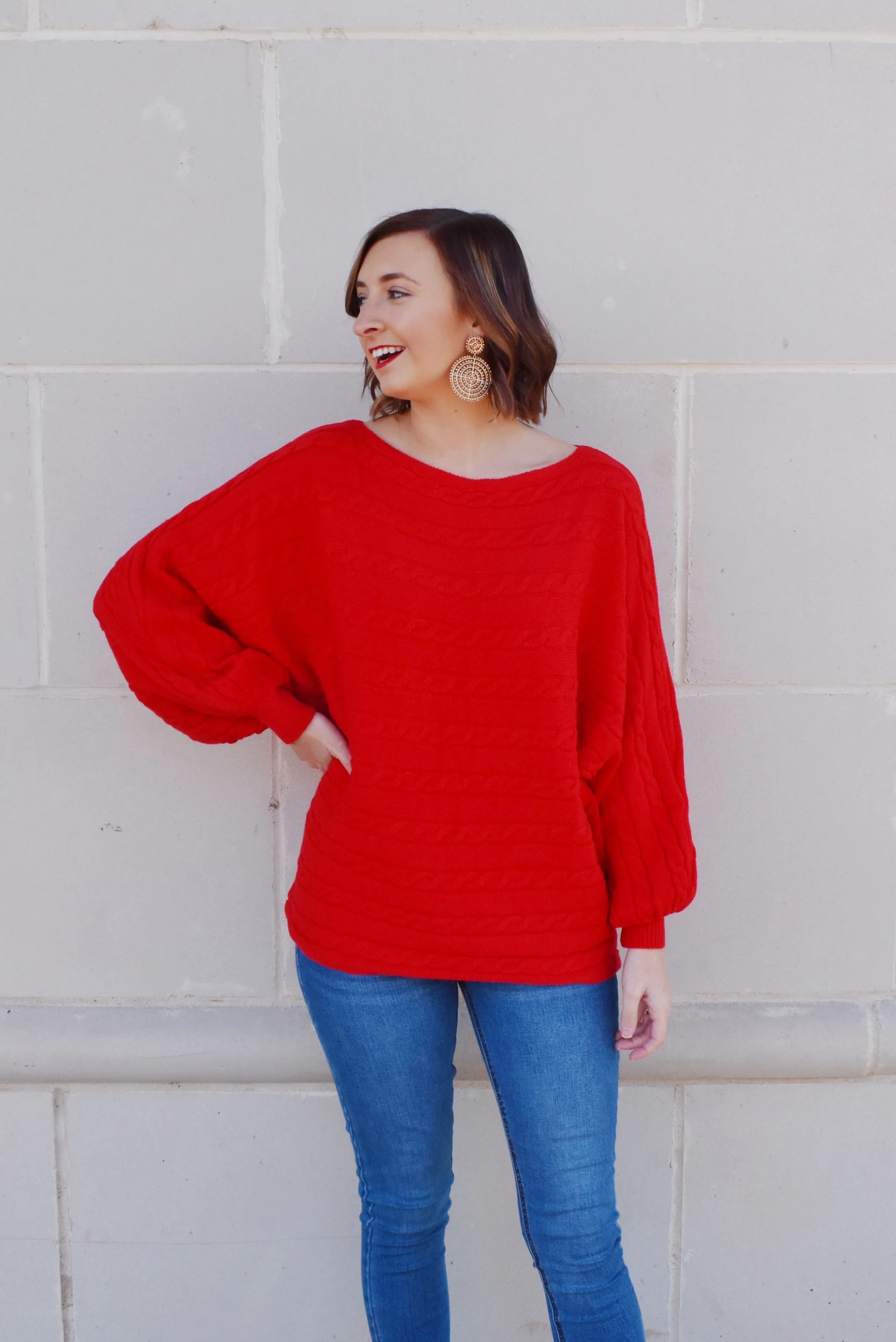 Red Cable Knit Detail Dolman Sweater