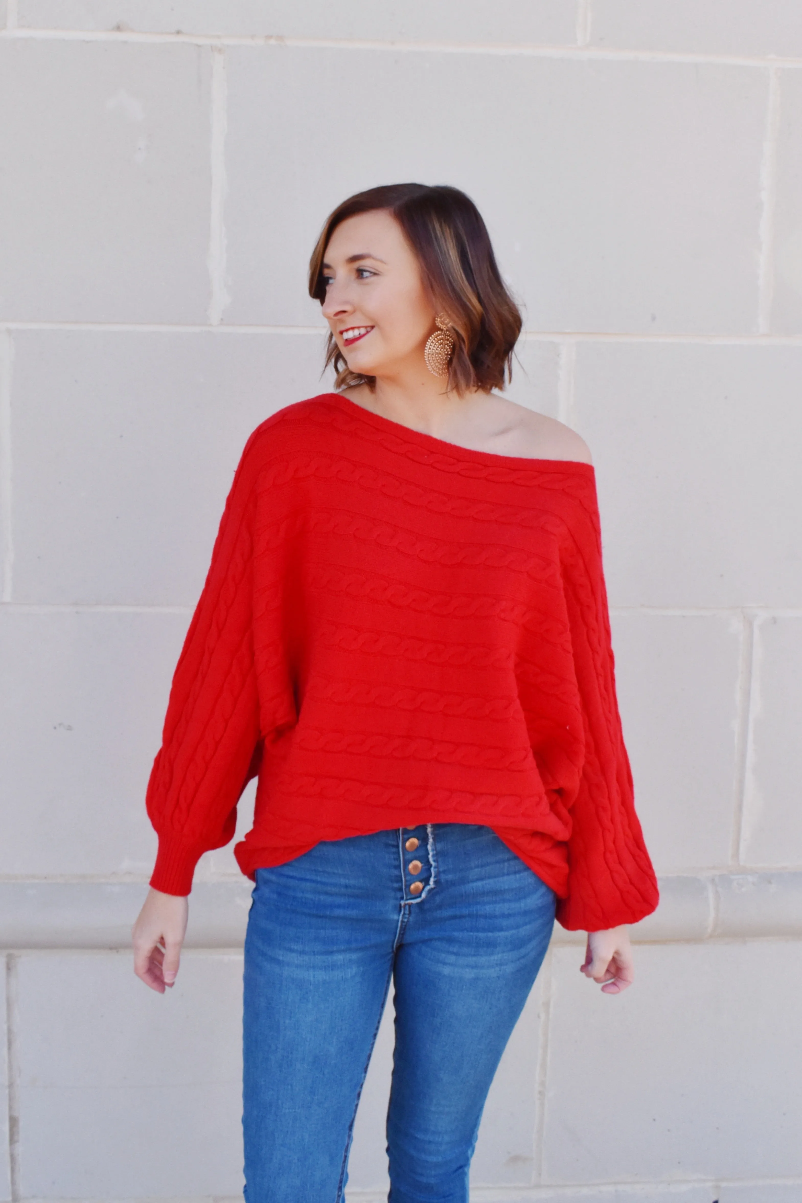 Red Cable Knit Detail Dolman Sweater