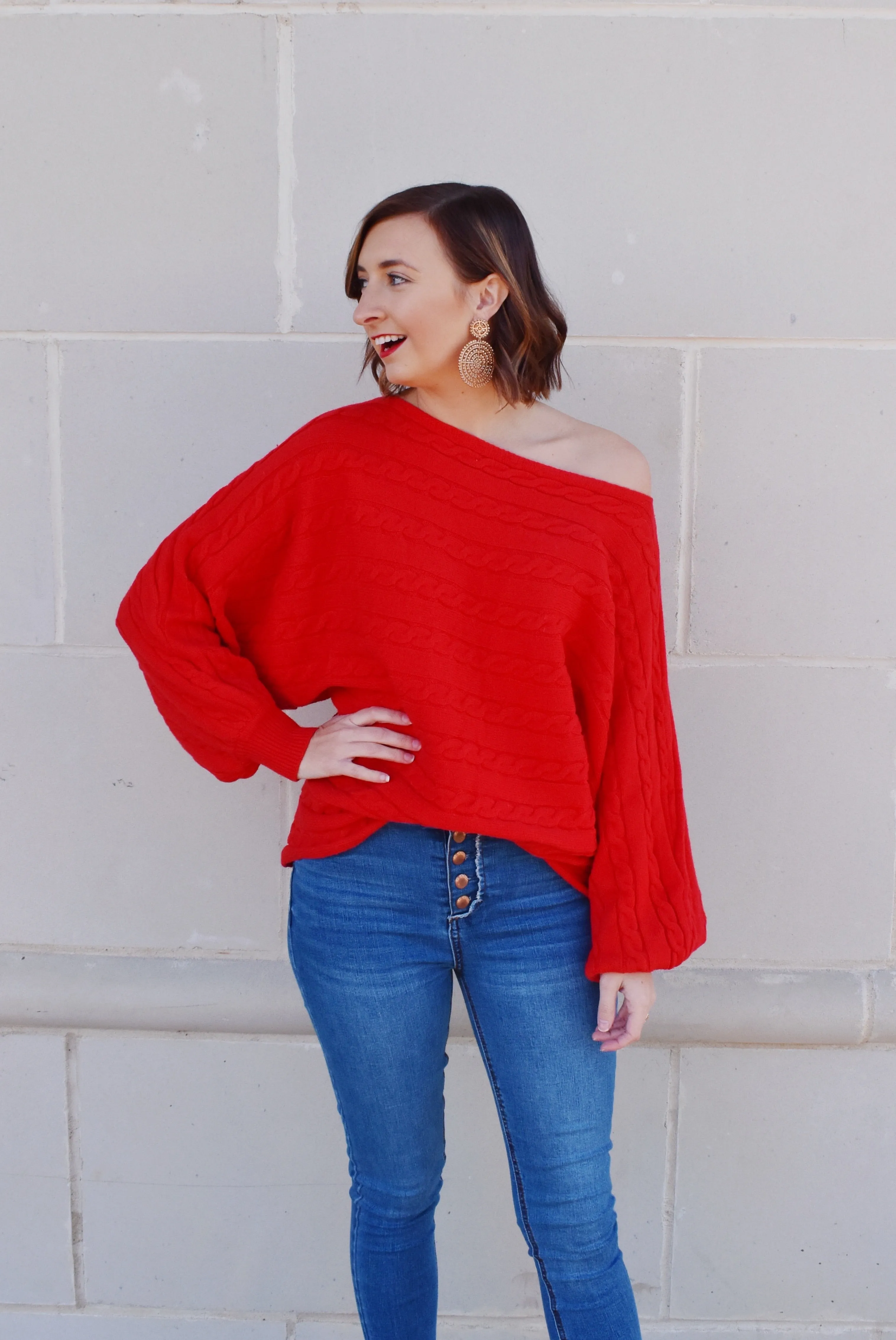 Red Cable Knit Detail Dolman Sweater