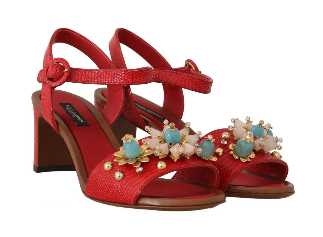 Red Leather Crystal Strap Sandals