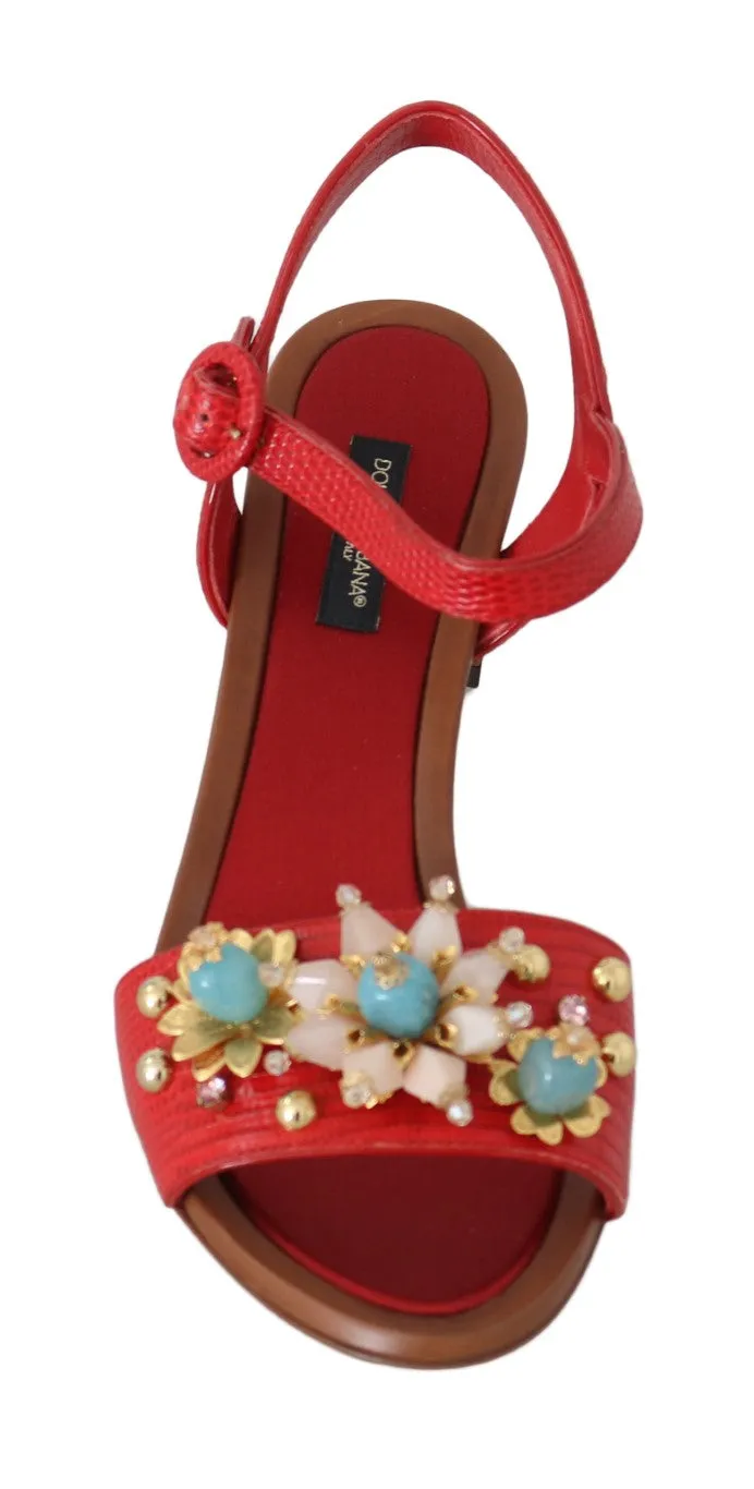 Red Leather Crystal Strap Sandals