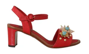 Red Leather Crystal Strap Sandals