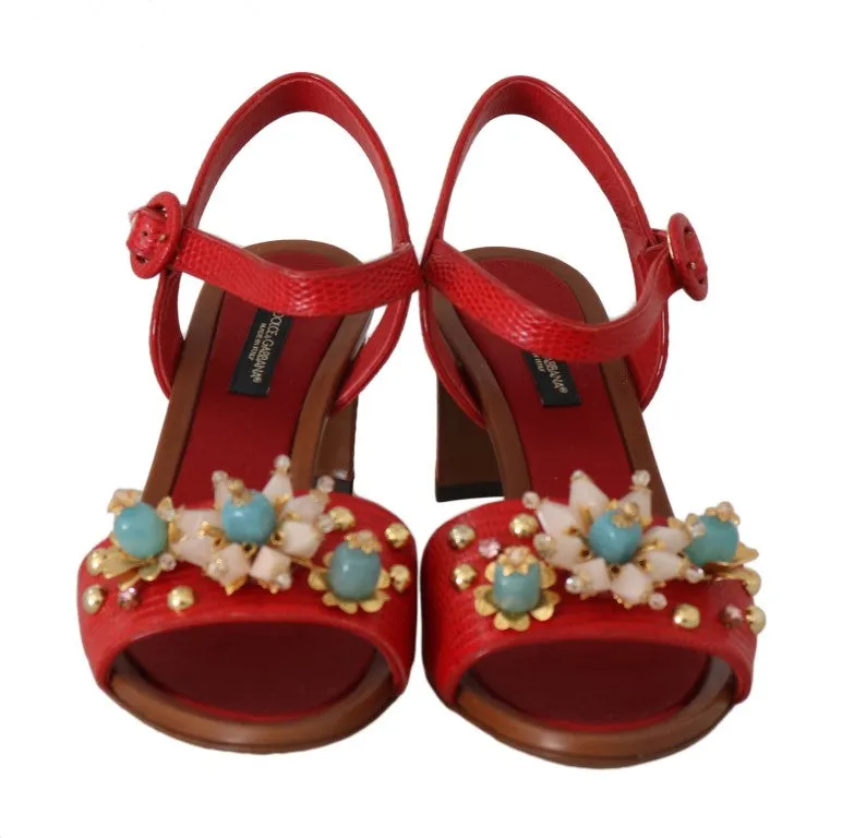 Red Leather Crystal Strap Sandals