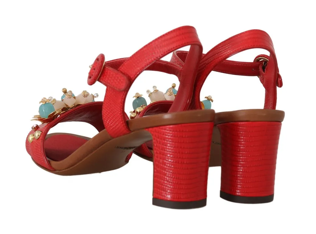 Red Leather Crystal Strap Sandals