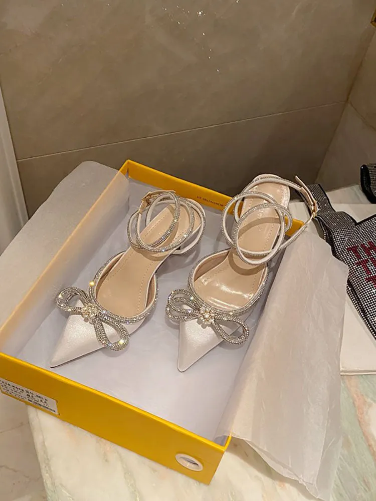Rhinestone Bowknot Ankle Strap Heel