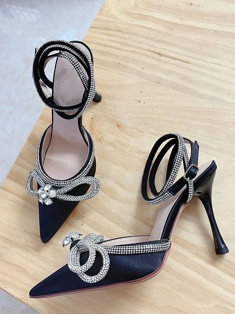 Rhinestone Bowknot Ankle Strap Heel
