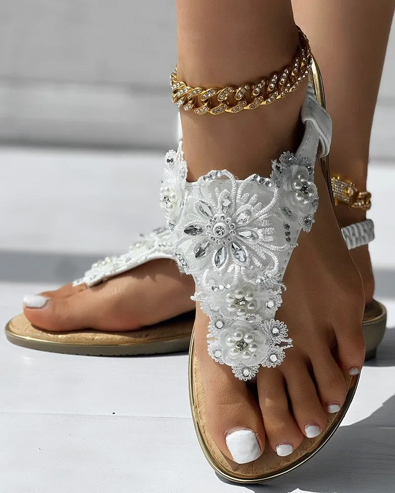 Rhinestone Floral Pattern Slingback Summer Beach Sandals