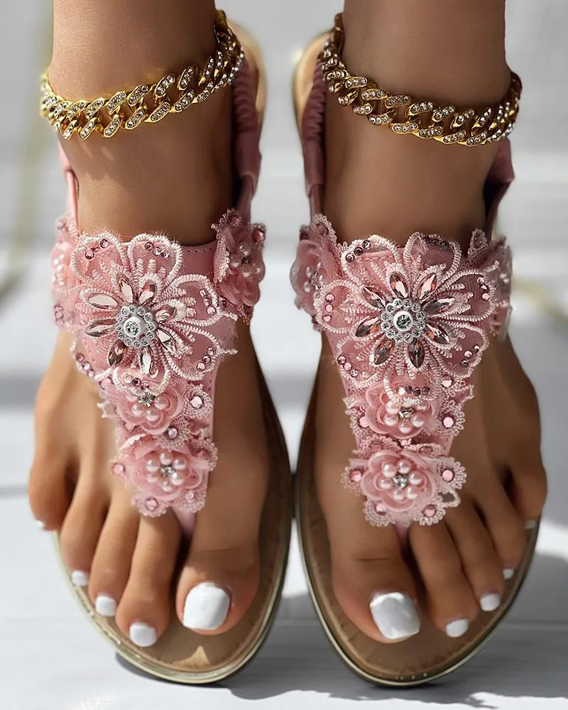 Rhinestone Floral Pattern Slingback Summer Beach Sandals