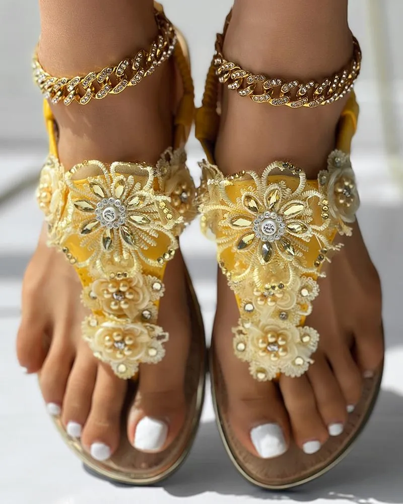 Rhinestone Floral Pattern Slingback Summer Beach Sandals