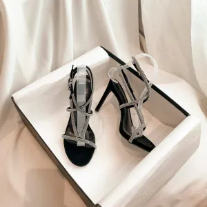 Rhinestone Stiletto Sandals With Cross Chain Anklet Straps