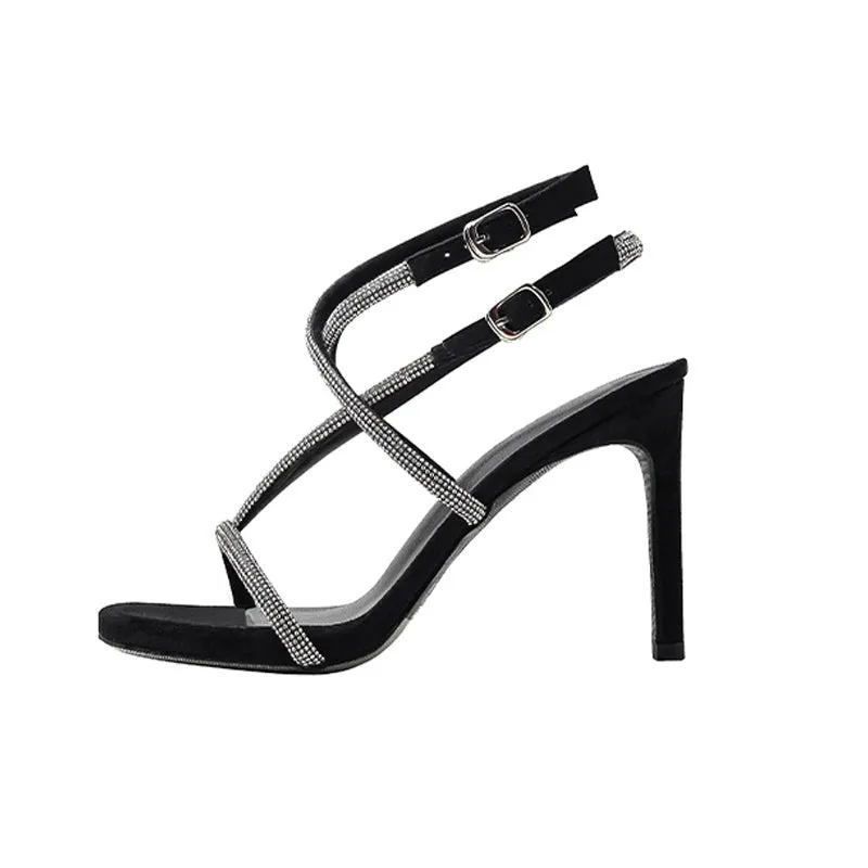 Rhinestone Stiletto Sandals With Cross Chain Anklet Straps
