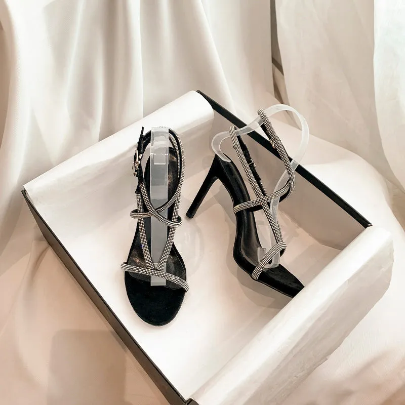 Rhinestone Stiletto Sandals With Cross Chain Anklet Straps