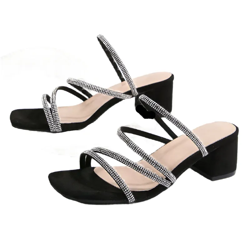 Rhinestone Strap Low Heel Sandals