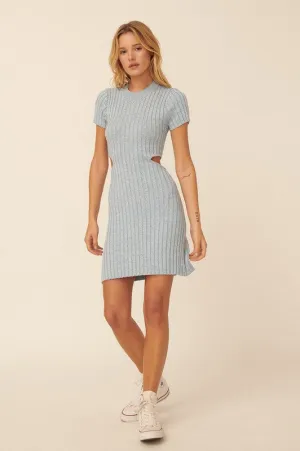 Ribbed Knit Short Sleeve Cutout Mini Sweater Dress