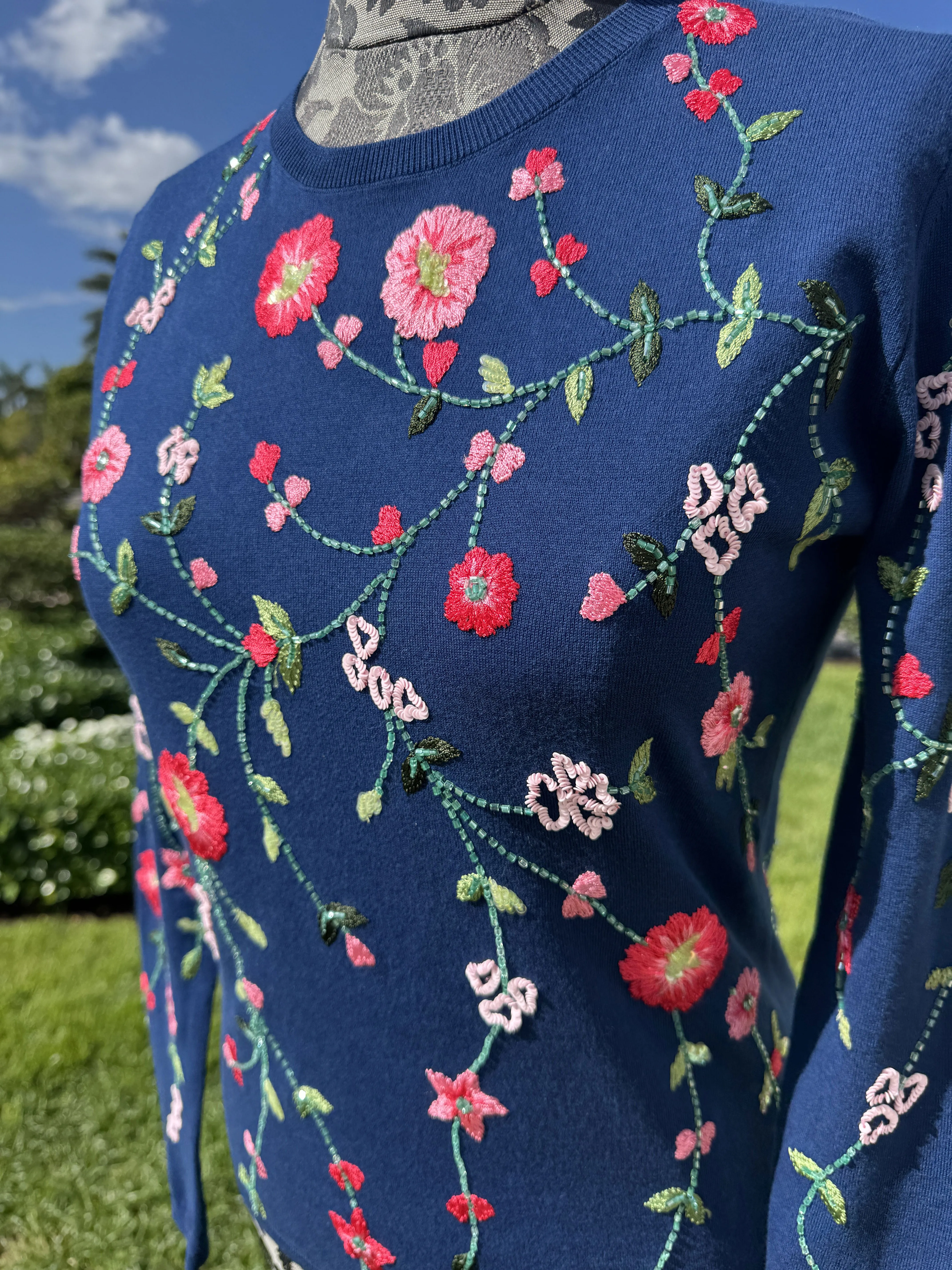 Richard Grand Navy Cotton Sweater with Pink Floral Detail