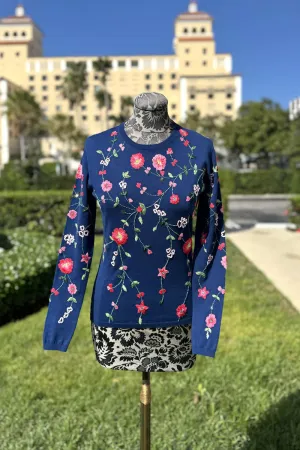 Richard Grand Navy Cotton Sweater with Pink Floral Detail