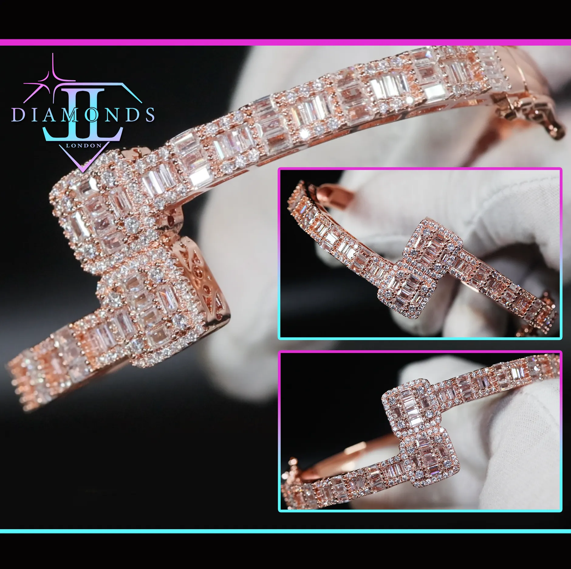 Rose Gold Baguette Cut Diamond Bracelet | Iced Out Bracelet | Baguette Bangle