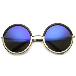 Round Metal Half Frame Mirror Lens Sunglasses 9886