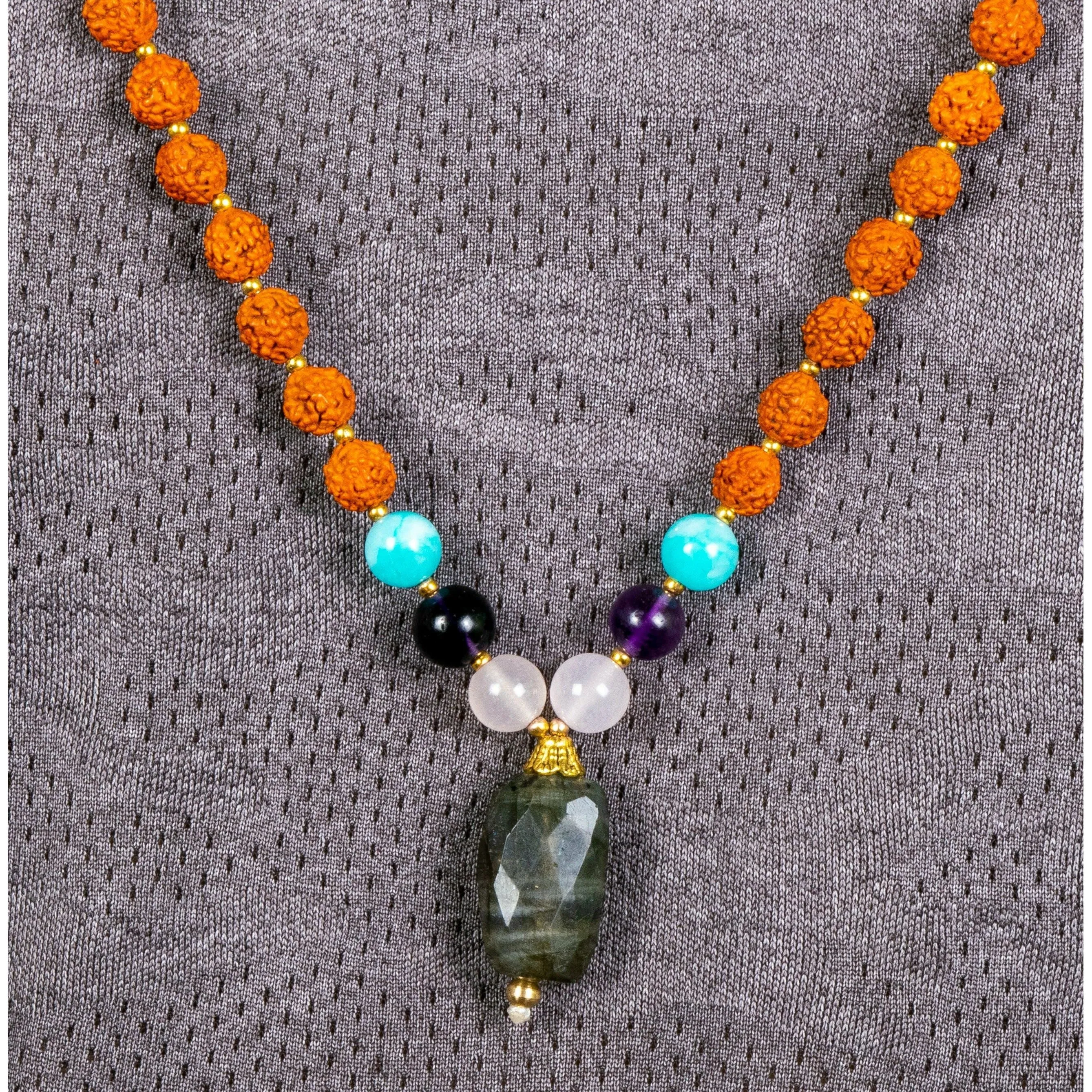 Rudraksha Mala with Labradorite Pendant
