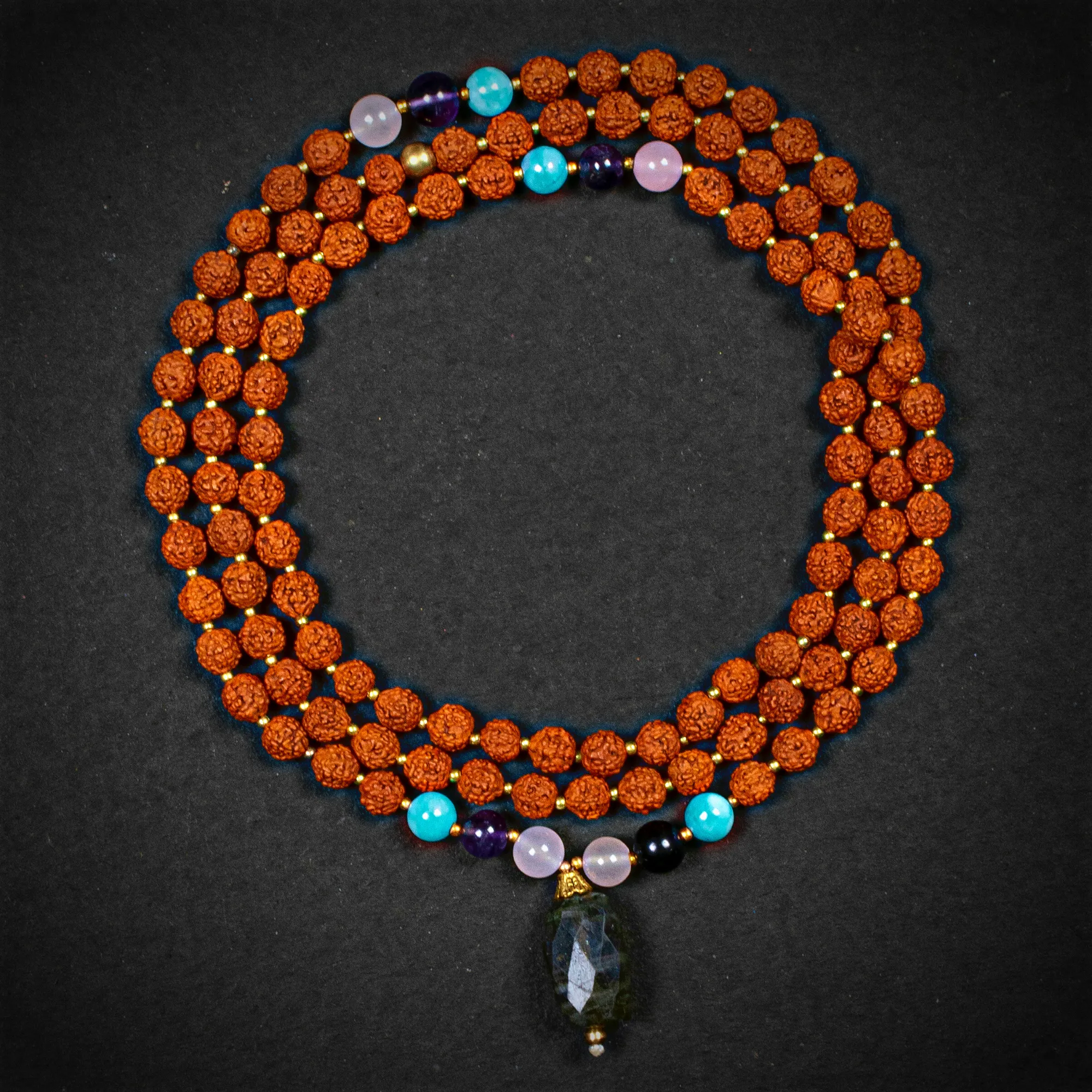 Rudraksha Mala with Labradorite Pendant