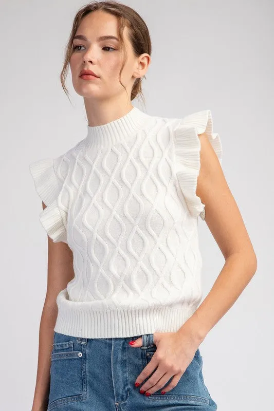 Ruffle Sleeve Cable Mock Neck